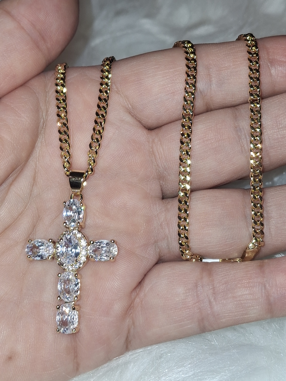 Gold-Tone Cross Pendant Necklace with Clear Stones